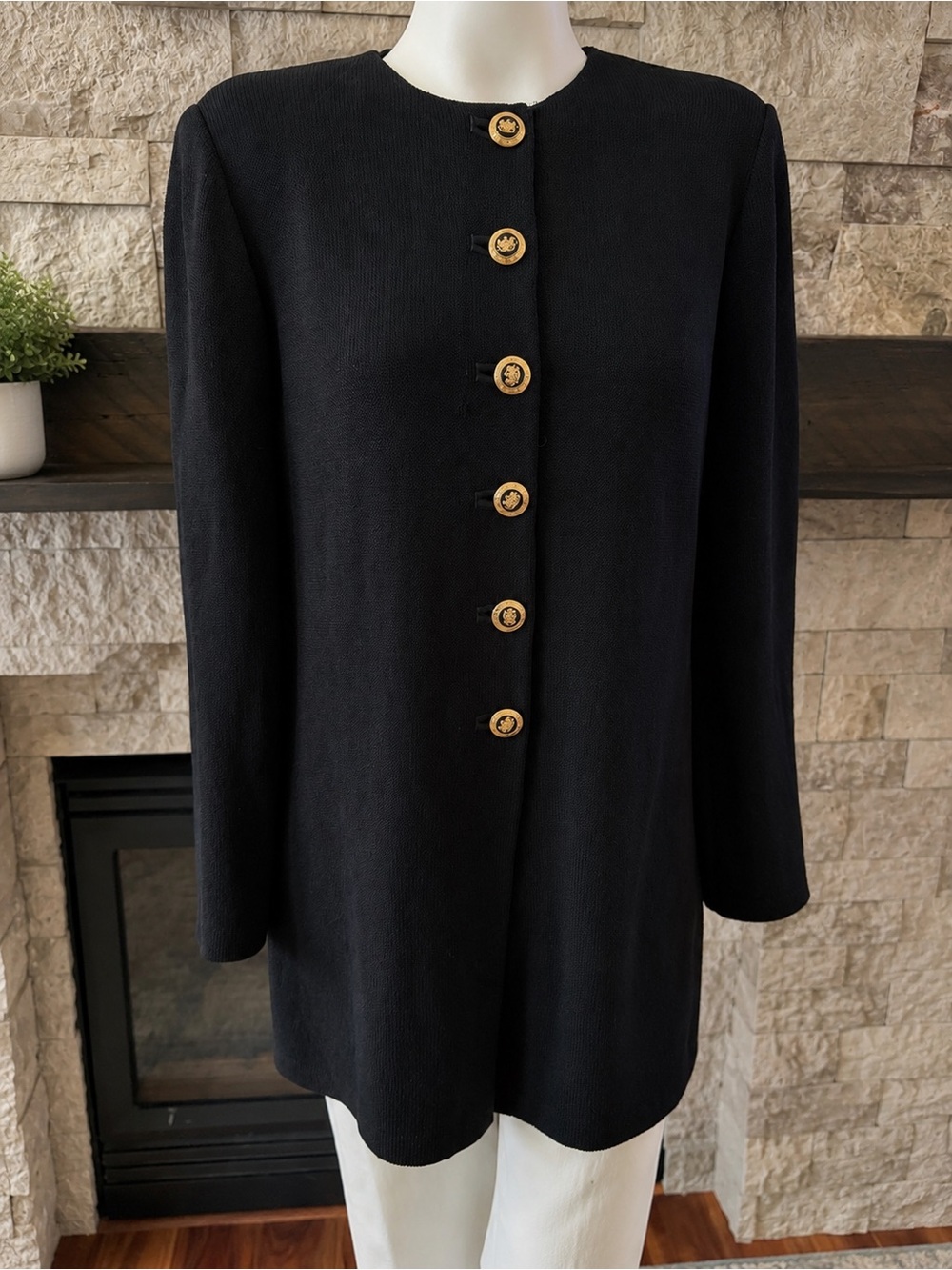 St John Basics Santana Knit Black Longline Cardigan Gold Crest Buttons M